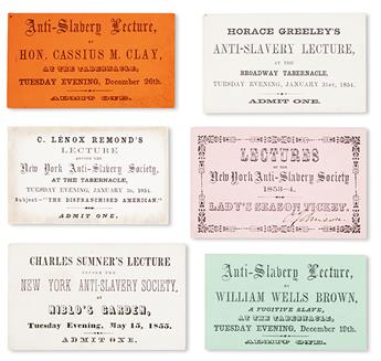 (SLAVERY AND ABOLITION.) Six tickets to New York Anti-Slavery Society lectures for talks by these five speakers, and one “Season Ticket